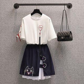 Set: Short-sleeve Embroidered T-shirt + Mini Skirt