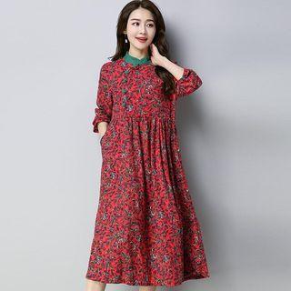 Long-sleeve Stand Collar Flower Print Midi Dress