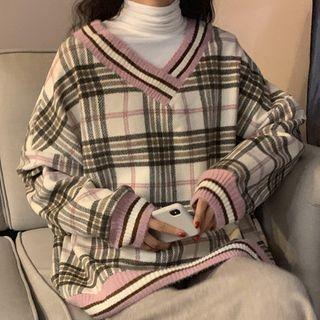 Plaid Sweater / Mock-turtleneck Long-sleeve T-shirt