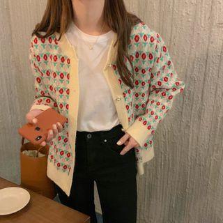 Faux-pearl Flower-pattern Cardigan