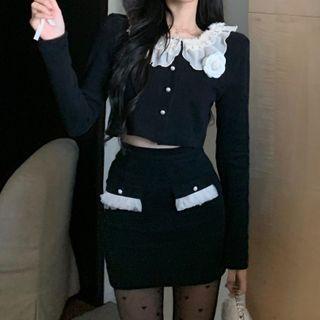Long-sleeve Frill Trim Crop Top / Mini Fitted Skirt