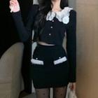 Long-sleeve Frill Trim Crop Top / Mini Fitted Skirt