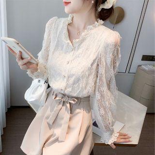 Long-sleeve V-neck Frill Trim Lace Blouse