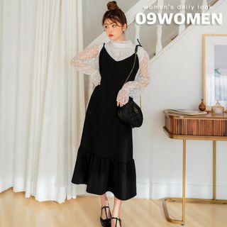 Tie-strap Frill-hem Midi Dress