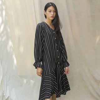 V-neck Ruffle-hem Striped Shirtdress Black - One Size