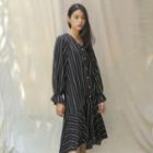 V-neck Ruffle-hem Striped Shirtdress Black - One Size