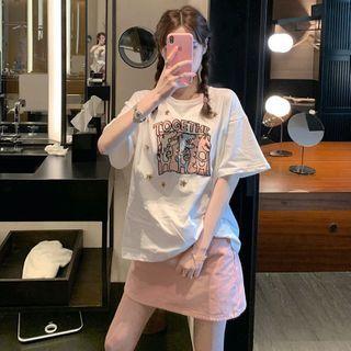 Short-sleeve Printed T-shirt / Denim Skirt / Set