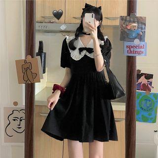 Short-sleeve Frill Trim Bow-front Mini A-line Dress