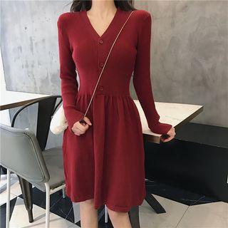 Long-sleeve V-neck A-line Knit Dress Red - One Size