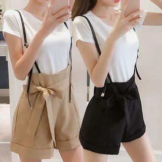 Set: Crew-neck Short-sleeve T-shirt + Tie Waist Suspender Shorts