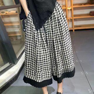 Drawstring Lace Panel Plaid Wide-leg Pants