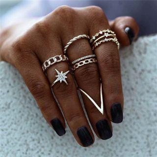 Set Of 6: Rhinestone / Alloy Ring (assorted Designs) As Shown In Figure - One Size