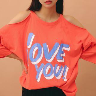 Lettering Cold Shoulder T-shirt Tunic