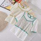 Set Of 2 : Color Block Puff-sleeve Round-neck Top + Floral Suspender Top