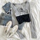 Set: Long-sleeve Lace-up Cropped Top + Plain Camisole Top