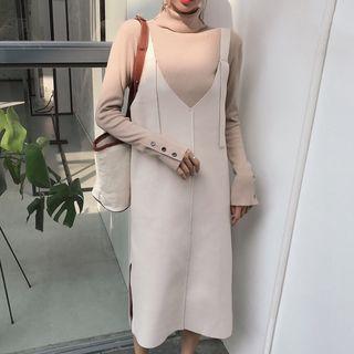 Turtleneck Knit Top / Sleeveless Midi Pinafore Dress