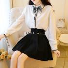 Long-sleeve Contrast Trim Ribbon Shirt / A-line Mini Skirt / Set
