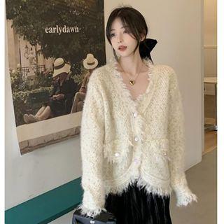 V-neck Frayed Trim Cardigan Off-white - One Size