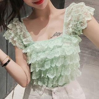 Ruffle Trim Cap-sleeve Top