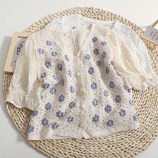 Elbow-sleeve Floral Crochet Panel Top