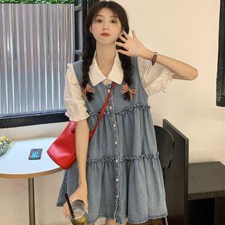 Denim Mini A-line Overall Dress / Puff-sleeve Collar Blouse