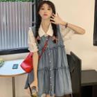Denim Mini A-line Overall Dress / Puff-sleeve Collar Blouse