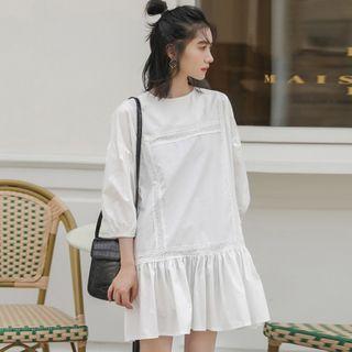 Ruffle Elbow-sleeve A-line Dress White - One Size