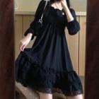 3/4-sleeve Ruffled Lace Trim Mini A-line Dress Black - One Size