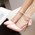 Faux Pearl Ankle Strap Pointed Heel Sandals