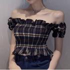 Off-shoulder Plaid Ruffle Trim Cropped Top As Shown In Figure - One Size