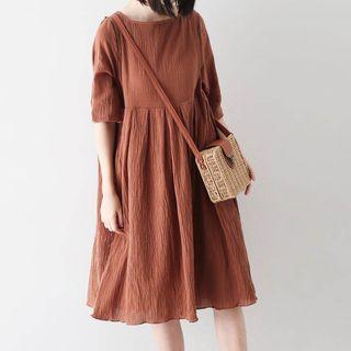 Lace-up Elbow-sleeve A-line Dress