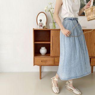 A-line Long Denim Skirt Light Blue - One Size