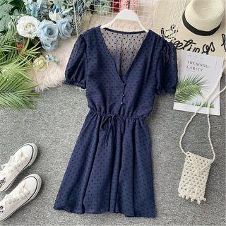 V-neck Puff-sleeve Drawstring Chiffon Dress