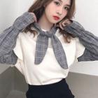 Mock Two-piece Plaid Lace-up Long-sleeve Blouse