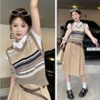 Short-sleeve Polo-shirt / V-neck Striped Knit Vest / Midi Skirt