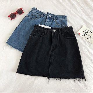 High-waist Frayed Denim A-line Skirt