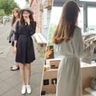 Long-sleeved Stand Collar Striped Long Dress