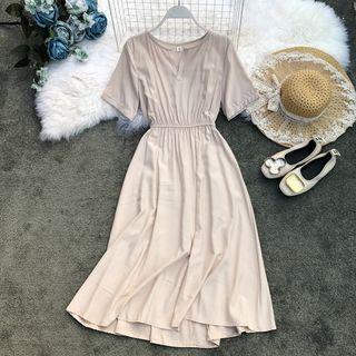 V-neck Plain Short-sleeve Dress