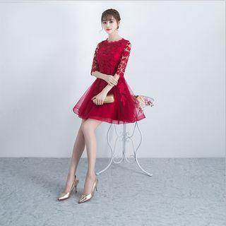 Elbow-sleeve Lace Panel A-line Cocktail Dress