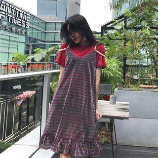 Faux Pearl Strap Striped A-line Dress