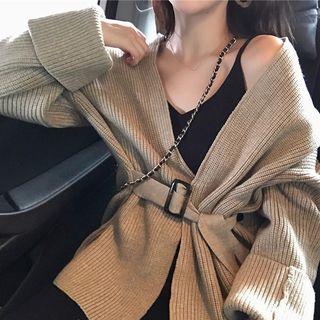 Belt-waist Cardigan Khaki - One Size