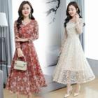 Floral Long-sleeve Midi A-line Lace Dress