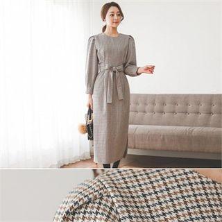 Balloon-sleeve Plaid Dress With Sash