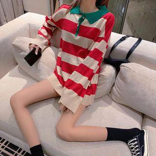 Loose-fit Striped Knit Polo Shirt As Shown In Figure - One Size