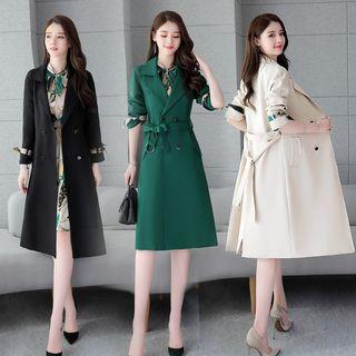 Set: Printed Long-sleeve Midi A-line Dress + Midi Double-breasted Trench Coat