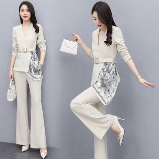 Set: Print Panel Belted Jacket + Wide-leg Pants