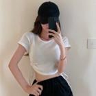 Short-sleeve Drawstring Knit Top Top - White - One Size