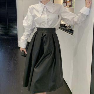 Puff-sleeve Blouse / Faux Leather Midi A-line Skirt