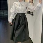 Puff-sleeve Blouse / Faux Leather Midi A-line Skirt