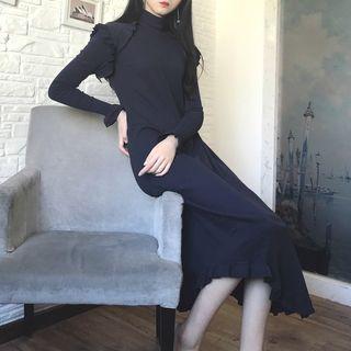 Plain Slim-fit Mock-neck Frilled Long-sleeve Dress